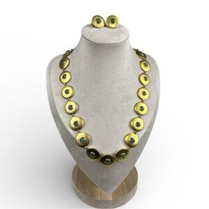 Vintage Gold Tone and Jade Necklace  and Clip on Earring Set